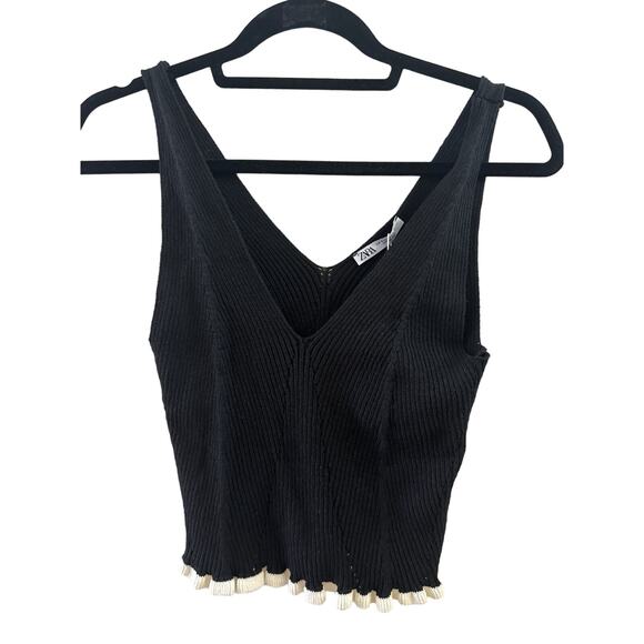 Zara Knit Crop Top Black with Scalloped Bottom Womens Size Small NWT - Picture 2 of 5